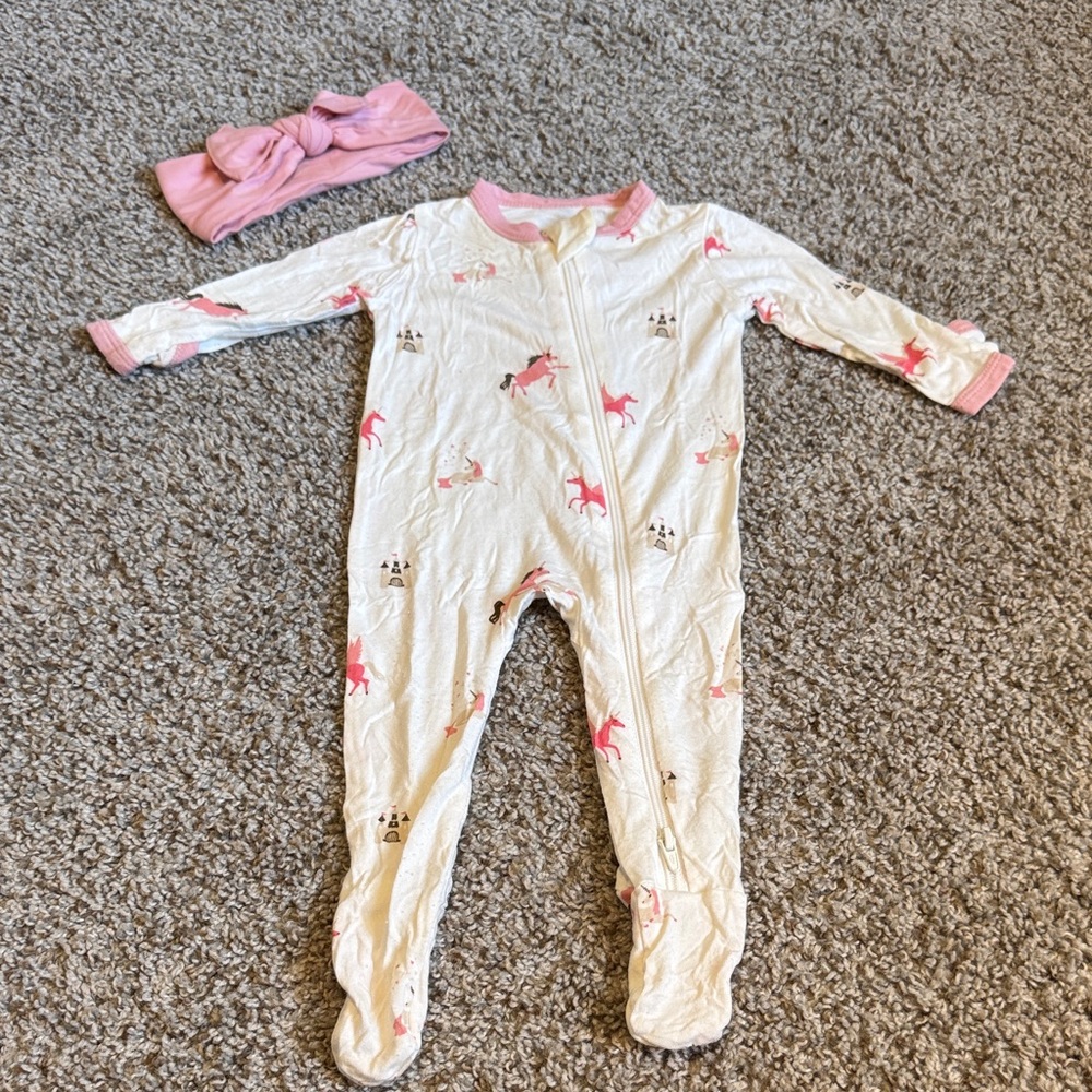 Kyte BABY Size 0-3 Zippered Footie + Headband - Pink Unicorn